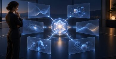 Profesional supervisando una red de agentes de inteligencia artificial conectados a un sistema central