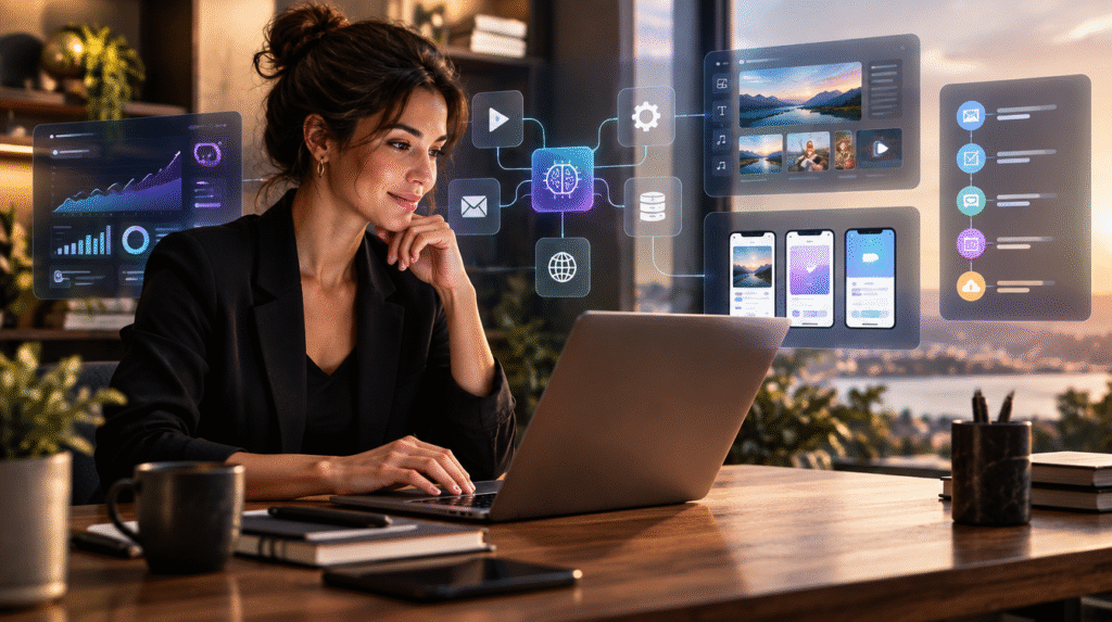 Emprendedor creando un producto digital con inteligencia artificial, automatizaciones y herramientas de desarrollo