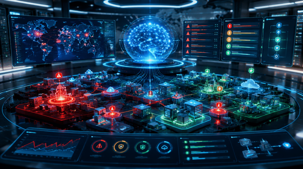 Agente de inteligencia artificial analizando amenazas en una red empresarial
