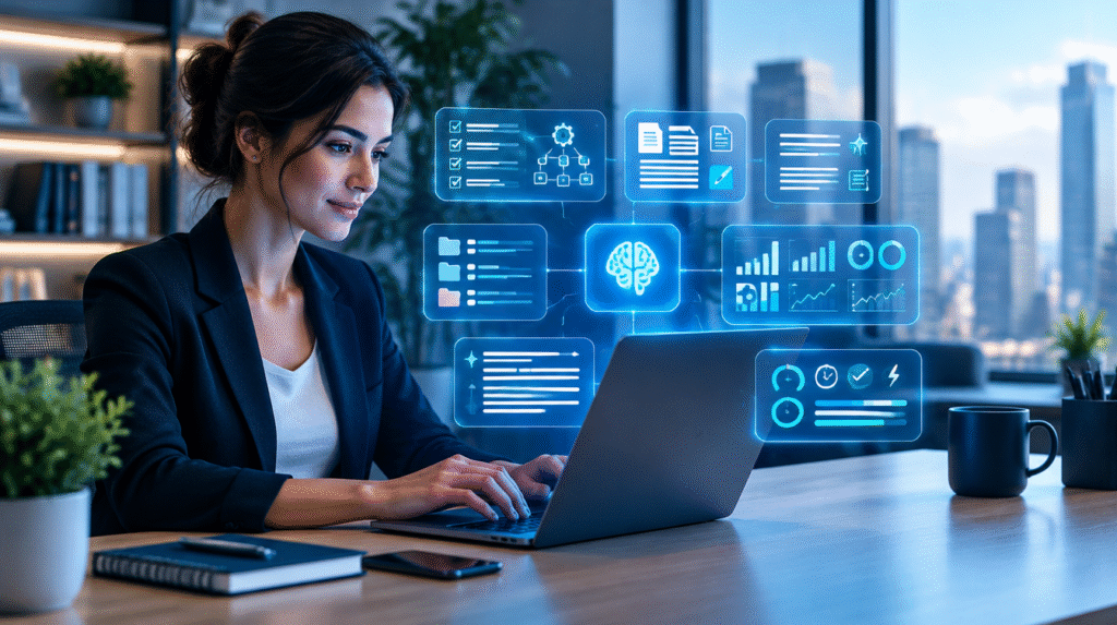 Profesional usando inteligencia artificial para automatizar tareas, organizar información y analizar métricas de productividad