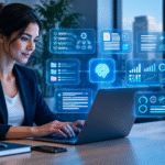 Profesional usando inteligencia artificial para automatizar tareas, organizar información y analizar métricas de productividad