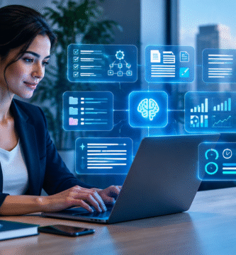 Profesional usando inteligencia artificial para automatizar tareas, organizar información y analizar métricas de productividad