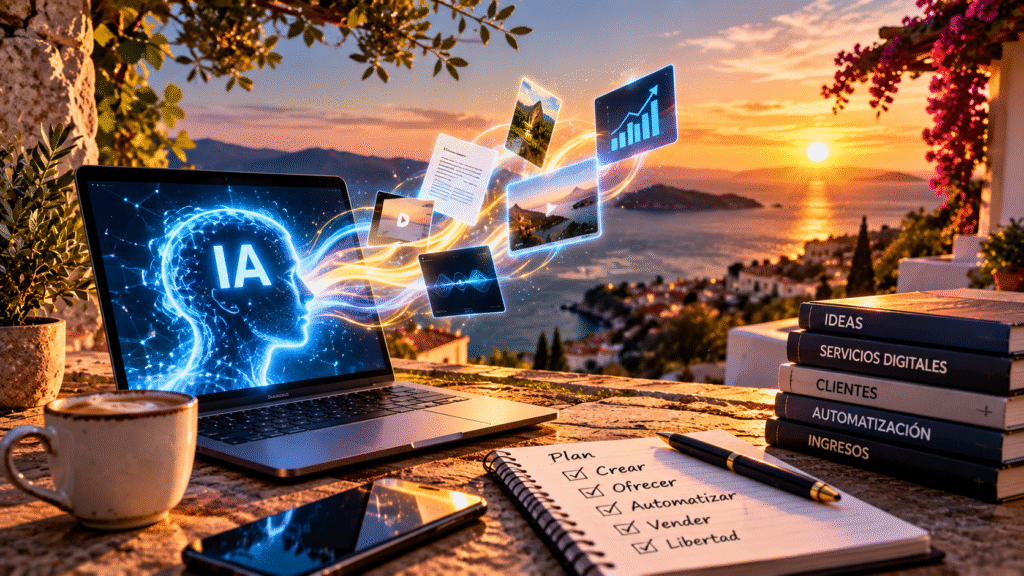 Portátil con inteligencia artificial, contenidos digitales y un plan de servicios en una terraza al atardecer