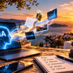 Portátil con inteligencia artificial, contenidos digitales y un plan de servicios en una terraza al atardecer