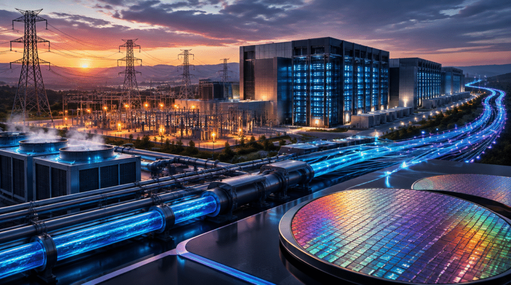 Centro de datos de inteligencia artificial conectado a redes eléctricas, fibra óptica y sistemas de refrigeración