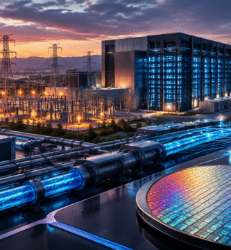 Centro de datos de inteligencia artificial conectado a redes eléctricas, fibra óptica y sistemas de refrigeración
