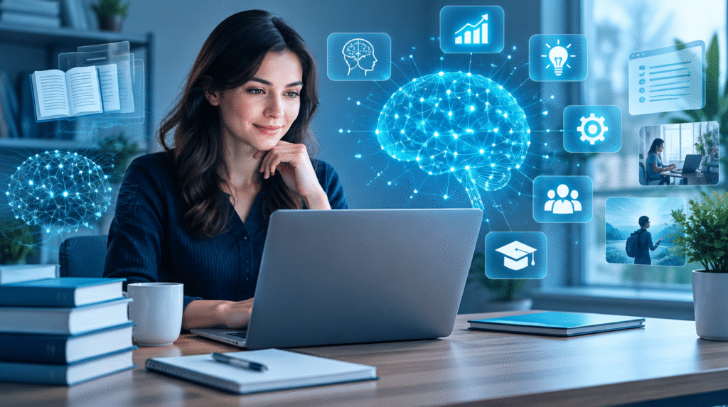 Profesional aprendiendo y aplicando inteligencia artificial con un portátil y una interfaz de red neuronal