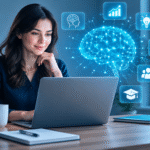 Profesional aprendiendo y aplicando inteligencia artificial con un portátil y una interfaz de red neuronal