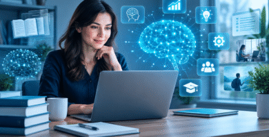 Profesional aprendiendo y aplicando inteligencia artificial con un portátil y una interfaz de red neuronal
