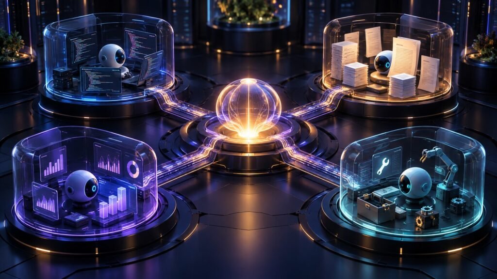 Orquestador central coordinando cuatro agentes de IA especializados dentro de sandboxes aislados