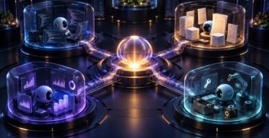 Orquestador central coordinando cuatro agentes de IA especializados dentro de sandboxes aislados