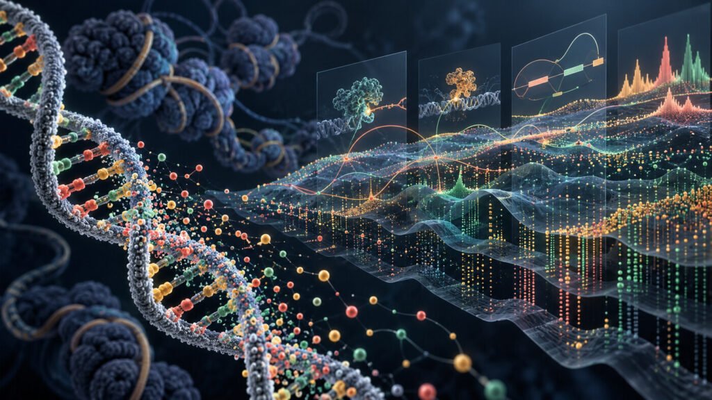 Hélice de ADN transformada en un atlas de predicciones moleculares de AlphaGenome