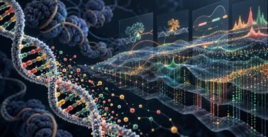 Hélice de ADN transformada en un atlas de predicciones moleculares de AlphaGenome