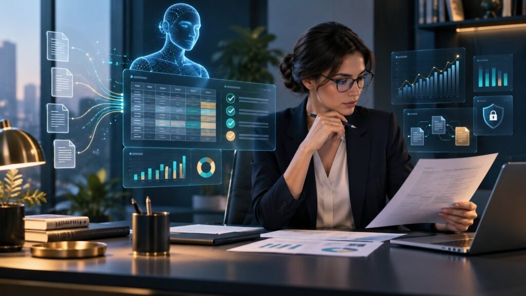 Profesional de contabilidad revisando datos y documentos con apoyo de inteligencia artificial