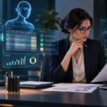 Profesional de contabilidad revisando datos y documentos con apoyo de inteligencia artificial