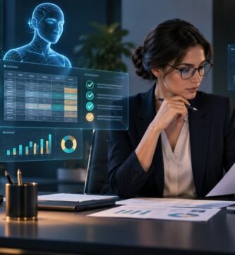 Profesional de contabilidad revisando datos y documentos con apoyo de inteligencia artificial