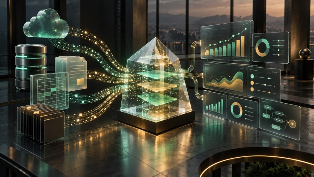 Fuentes de datos empresariales convergen en un agente analítico que genera paneles interactivos