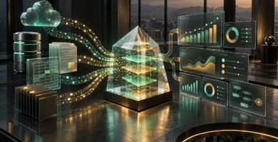 Fuentes de datos empresariales convergen en un agente analítico que genera paneles interactivos