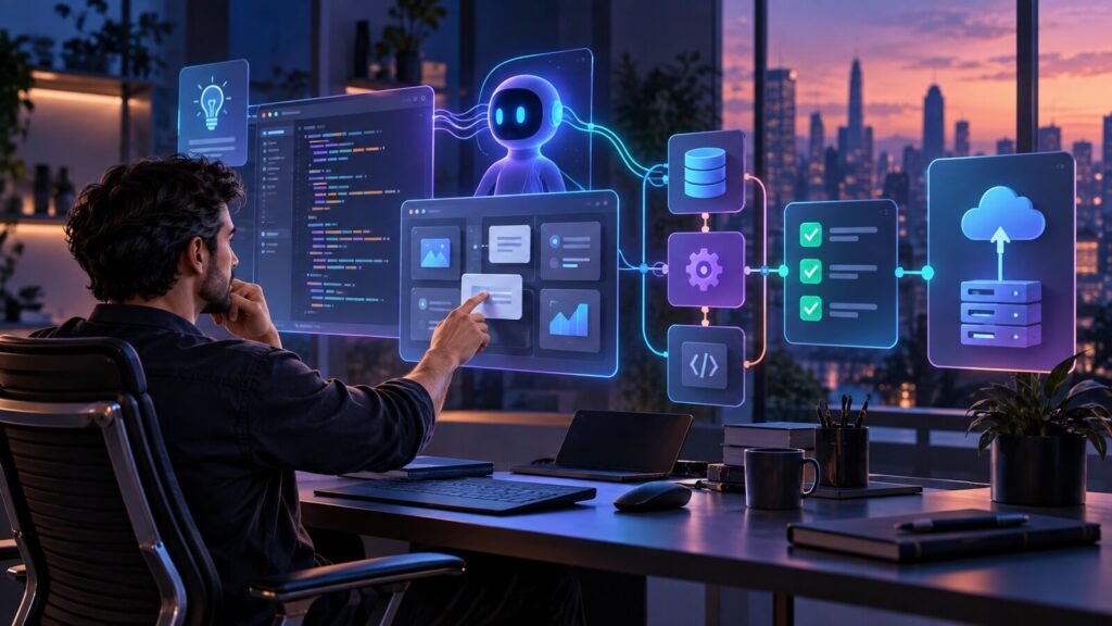 Profesional dirigiendo con inteligencia artificial un flujo visual para crear, probar y desplegar aplicaciones
