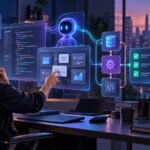 Profesional dirigiendo con inteligencia artificial un flujo visual para crear, probar y desplegar aplicaciones