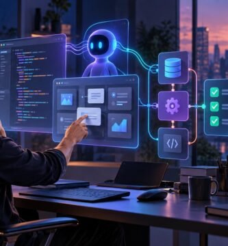 Profesional dirigiendo con inteligencia artificial un flujo visual para crear, probar y desplegar aplicaciones