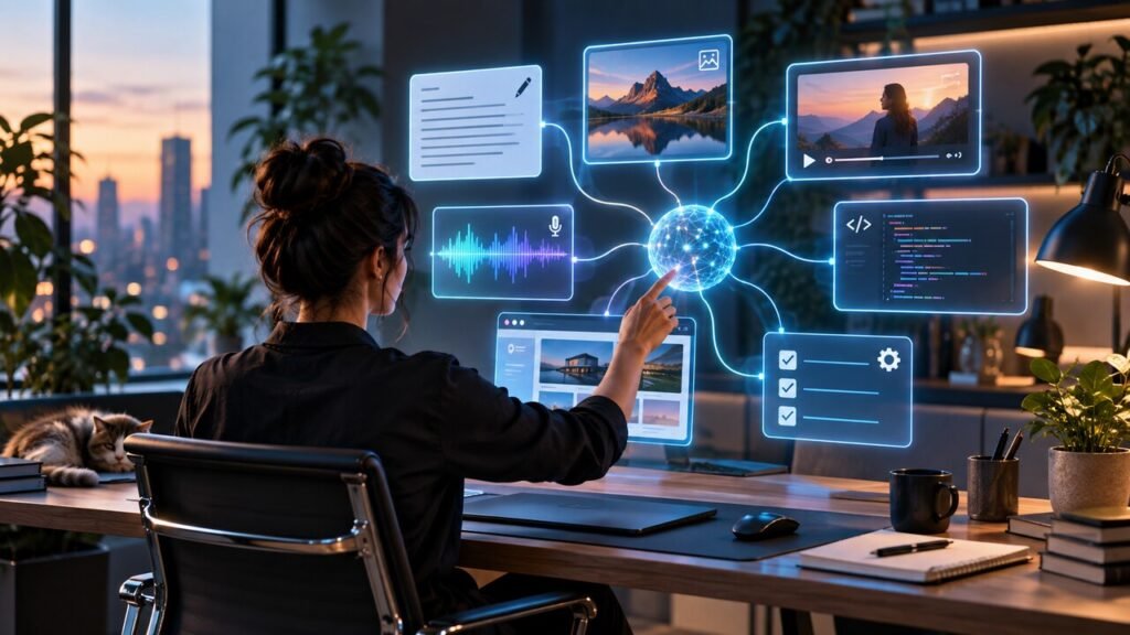 Profesional coordinando texto, imagen, vídeo, audio, código y automatización con inteligencia artificial en Domina la IA