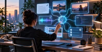 Profesional coordinando texto, imagen, vídeo, audio, código y automatización con inteligencia artificial en Domina la IA