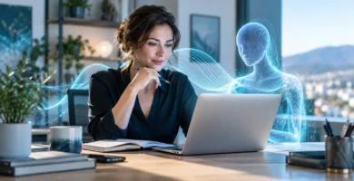 Profesional trabajando con un asistente de inteligencia artificial en un entorno de oficina
