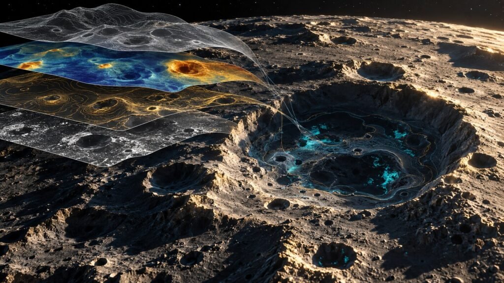 Capas de datos lunares convergen sobre un cráter para estimar hielo y cartografiar el terreno