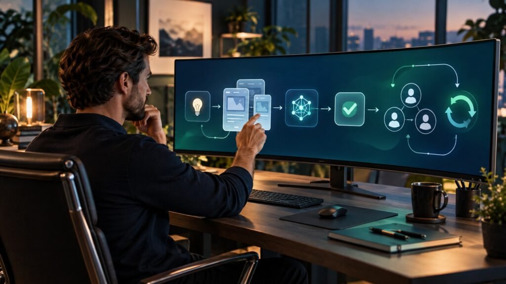 Emprendedor diseñando con inteligencia artificial un flujo para crear y vender aplicaciones digitales de suscripción