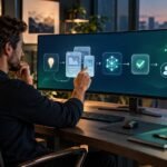 Emprendedor diseñando con inteligencia artificial un flujo para crear y vender aplicaciones digitales de suscripción