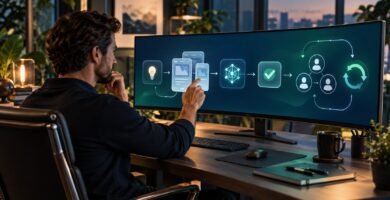 Emprendedor diseñando con inteligencia artificial un flujo para crear y vender aplicaciones digitales de suscripción