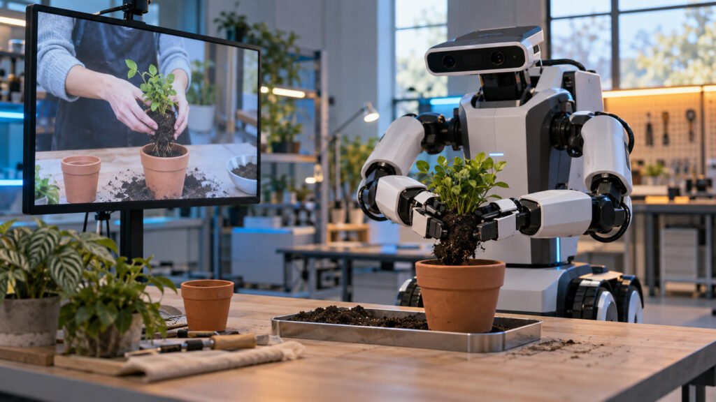 Robot de dos brazos trasplantando una planta después de observar una demostración en vídeo
