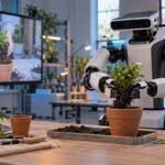 Robot de dos brazos trasplantando una planta después de observar una demostración en vídeo