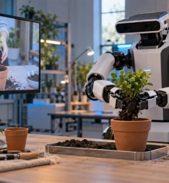 Robot de dos brazos trasplantando una planta después de observar una demostración en vídeo