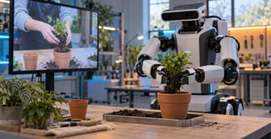 Robot de dos brazos trasplantando una planta después de observar una demostración en vídeo