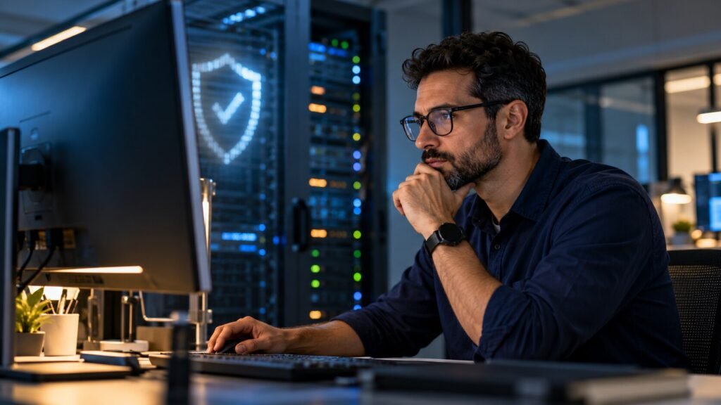 Profesional de ciberseguridad revisando una actualización crítica de PHP en una sala de servidores