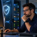 Profesional de ciberseguridad revisando una actualización crítica de PHP en una sala de servidores