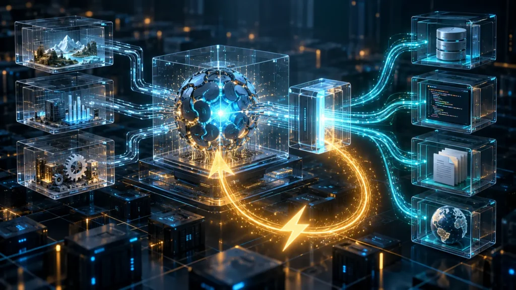 Núcleo de inteligencia artificial conectado a herramientas mediante un proxy y un bucle luminoso de recompensa