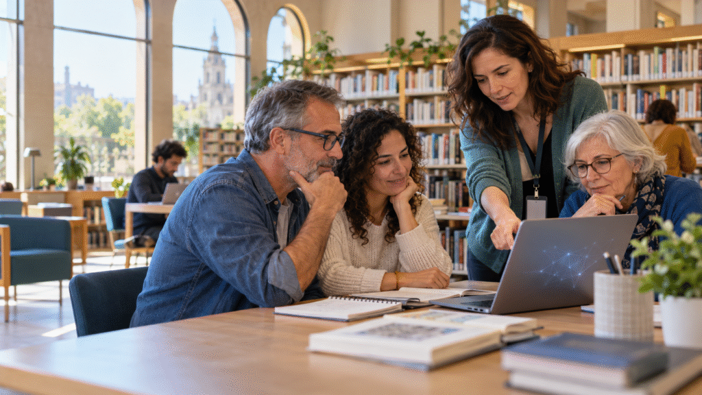 Bibliotecaria orienta a un grupo de adultos en un taller de alfabetización en inteligencia artificial