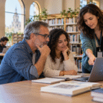 Bibliotecaria orienta a un grupo de adultos en un taller de alfabetización en inteligencia artificial