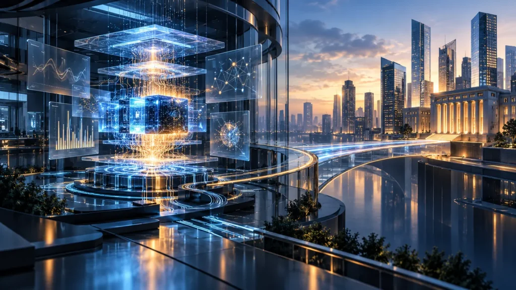 Núcleo de inteligencia artificial conectado mediante un puente luminoso con un distrito financiero