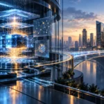 Núcleo de inteligencia artificial conectado mediante un puente luminoso con un distrito financiero
