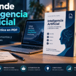Portada gráfica de Aprende Inteligencia Artificial, guía en PDF, junto a ordenador y materiales para aprender inteligencia artificial