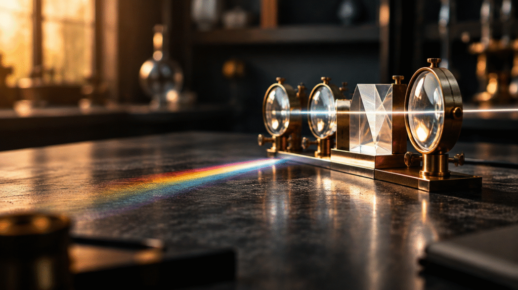 Lentes y prisma de vidrio iluminados sobre una mesa oscura como metáfora del aprendizaje y la comprensión de la inteligencia artificial