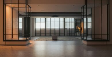 Arquitectura moderna con particiones de cristal y luz cálida que simboliza el acceso autorizado de agentes de inteligencia artificial a servicios empresariales