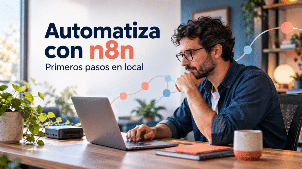 Profesional trabajando con un portátil y un ordenador local junto al texto Automatiza con n8n: primeros pasos en local