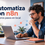Profesional trabajando con un portátil y un ordenador local junto al texto Automatiza con n8n: primeros pasos en local