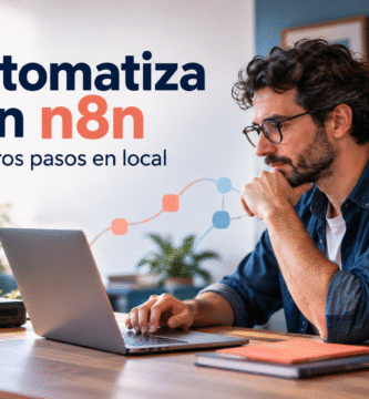 Profesional trabajando con un portátil y un ordenador local junto al texto Automatiza con n8n: primeros pasos en local