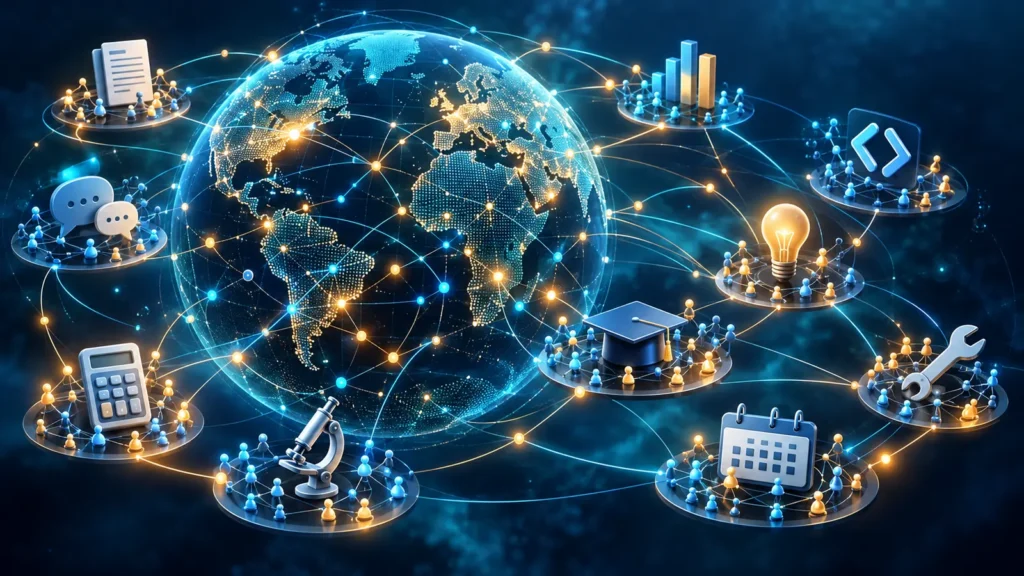 Mapa mundial conectado con iconos de distintas actividades laborales analizadas en OpenAI Signals